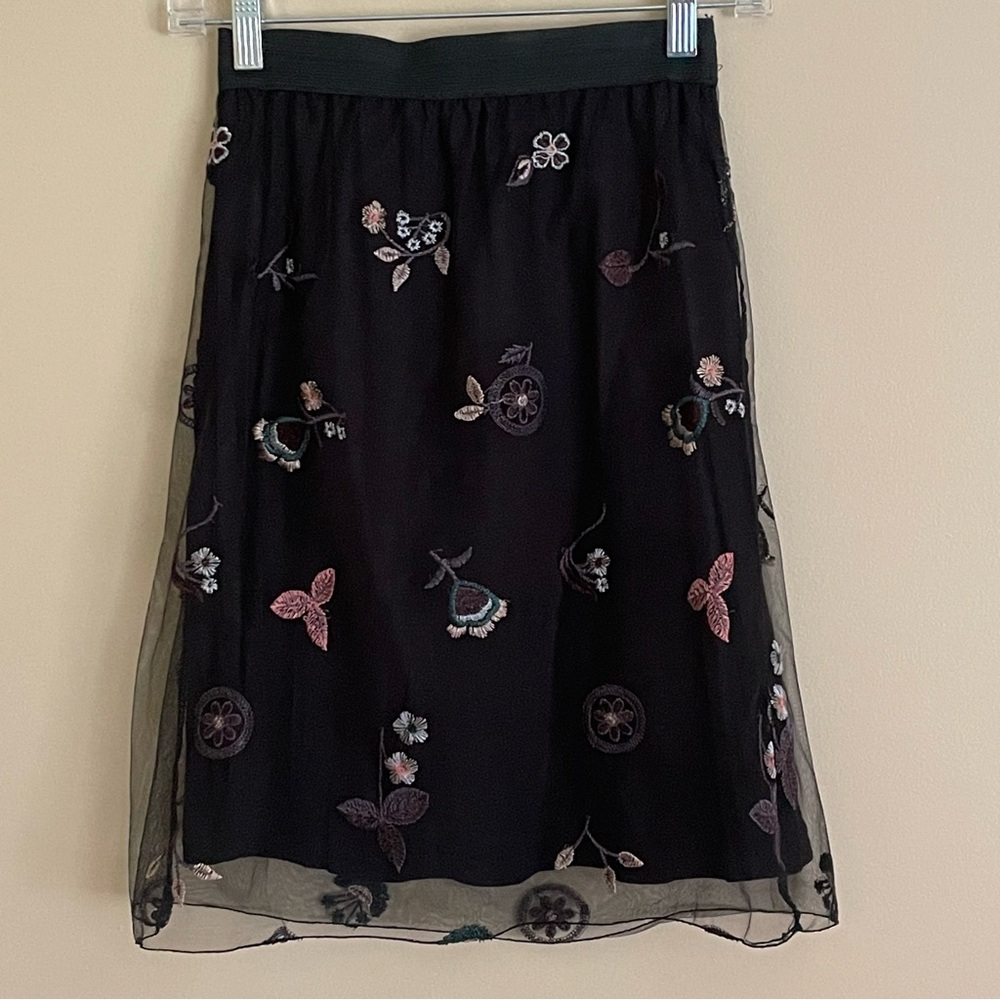 Elena Baldi Women's Tulle Mesh Embroidery Floral Skirt Black Size Small